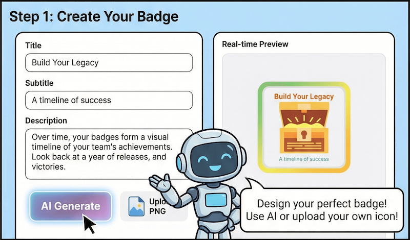 Badge editor with title, subtitle, description, and icon options
